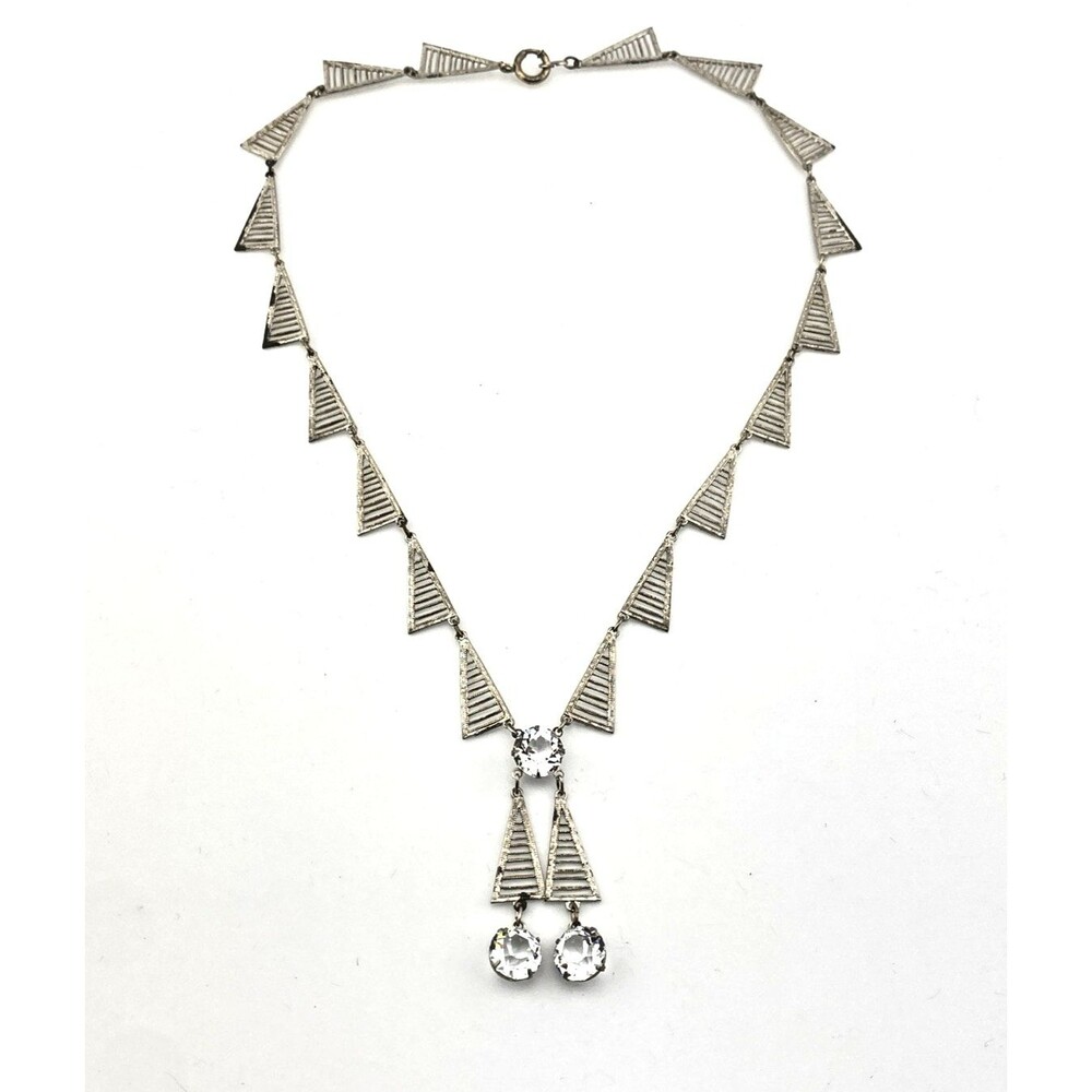 Antique Art Deco Machine Age Rhodium Filigree Crystal Double Drop Y Necklace 16"
